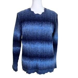 Alfred Dunner MP Blue Striped Ombre Cable Knit  Sweater Scallped Trims Acrylic